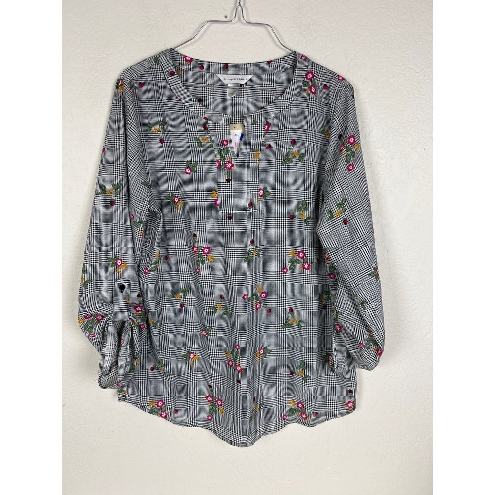Christopher & Banks Houndstooth Floral Popover Blouse NEW Medium